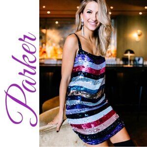NWT PARKER Nora Metallic Sequined Striped Glam Party Dress, Size‎ Medium